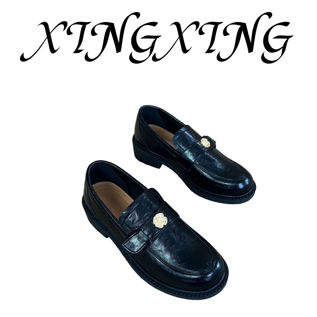 【XINGXING】山茶花真皮厚底新款增高乐福鞋时尚百搭秋冬粗跟小皮鞋