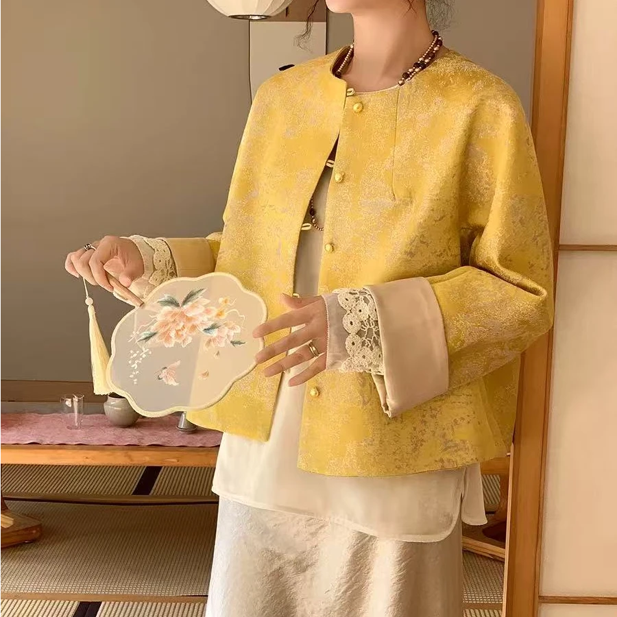 黄色新中式提花短外套女士2025春新款宽松圆领复古国风新中式上衣