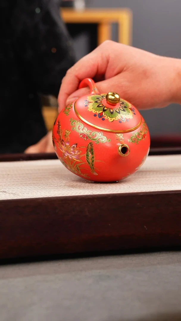 茶壶紫砂玫红朱泥 西施 鸳鸯珐琅彩