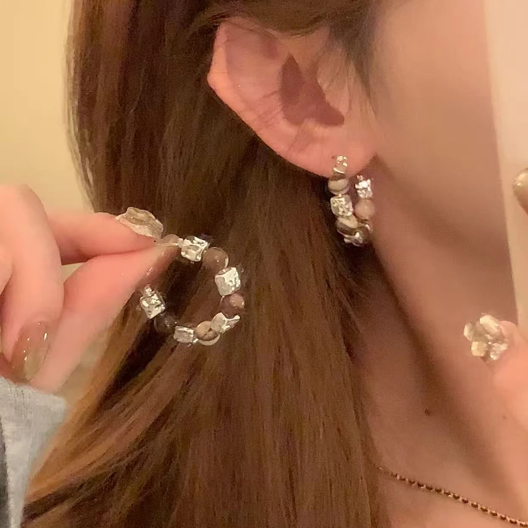 铜合金锆石耳饰 早秋轻奢碎银串珠耳圈女新中式高级感耳环耳饰
