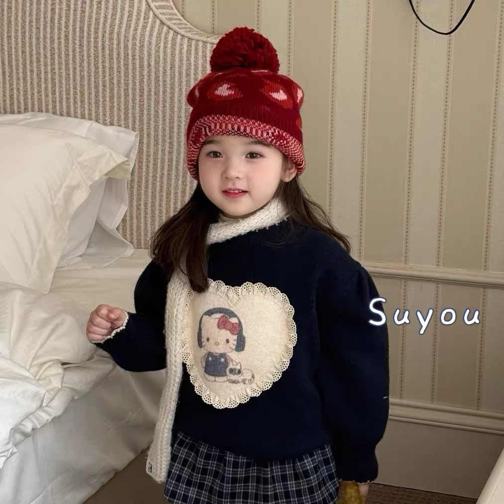 女童爱心毛衣秋冬款儿童韩版可爱贴布针织衫女宝宝红色毛线衣