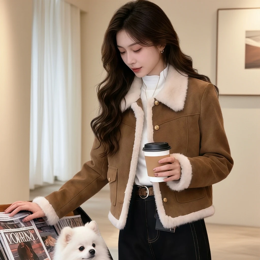 美拉德设计感长袖小个子撞色拼接夹棉保暖外套上衣女2025秋冬新款