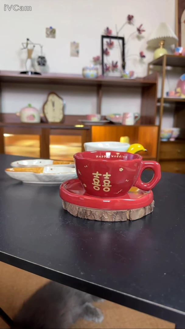 陶瓷双喜字杯碟一套微瑕