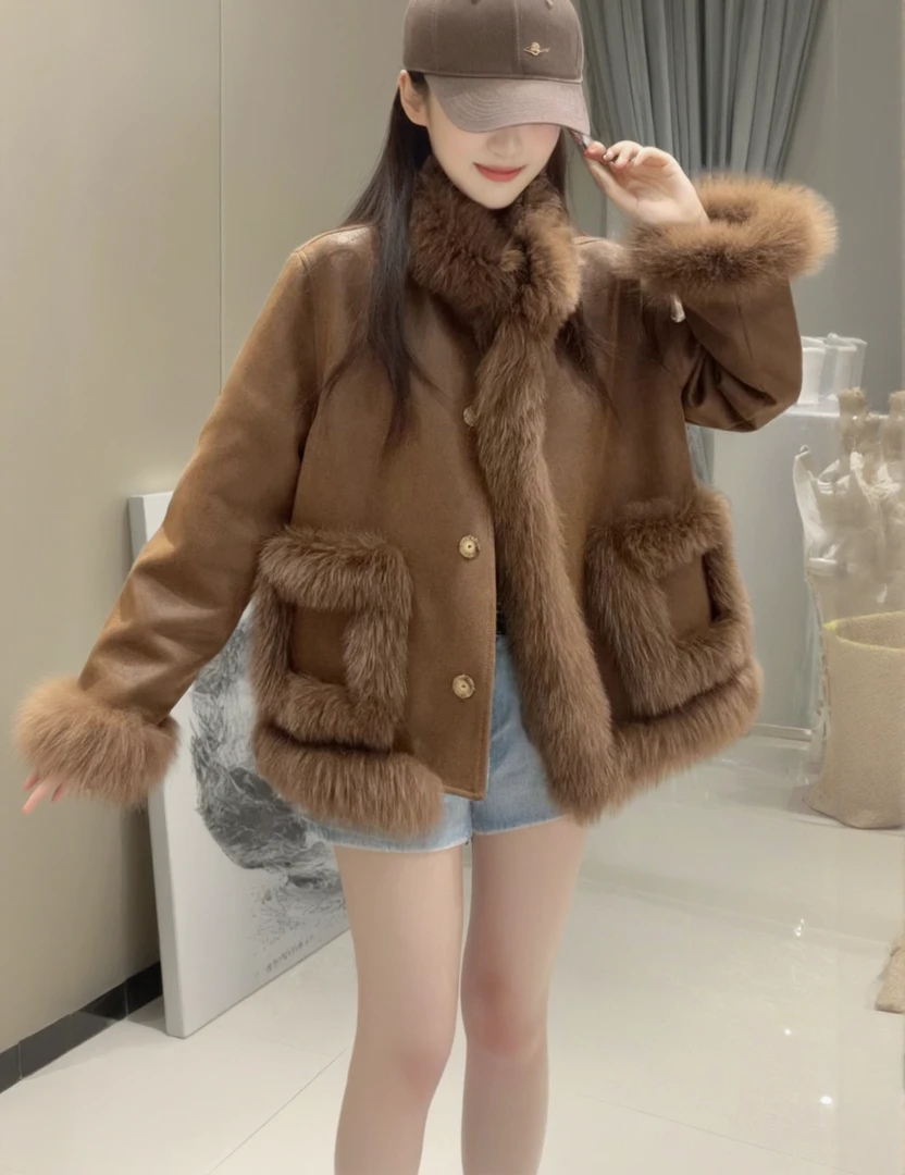 【羽绒内胆】2025秋冬新款麂皮绒袖暗扣女冬季纯色短外套宽松羽绒服