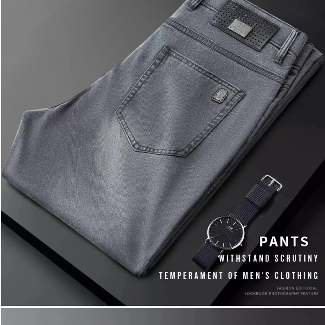 轻奢时尚潮流夏季薄款高端弹力深灰色牛仔裤男修身小直筒休闲裤男