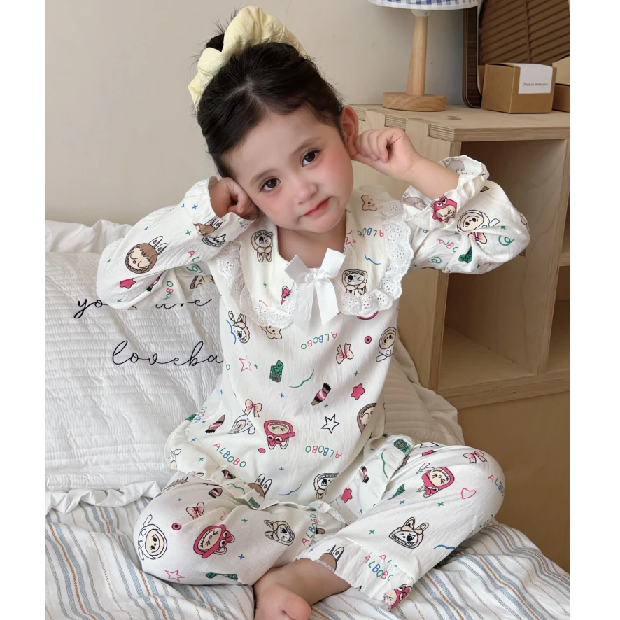 公主领蕾丝花边韩版儿童睡衣女中大小童春秋季长袖洋气家居服套装