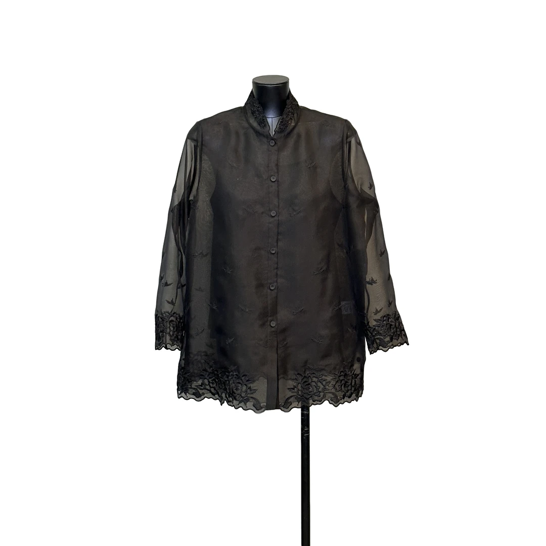 「利琪高订」 春季新款新中式欧根绡双层刺绣花边双色衬衫上衣A5921