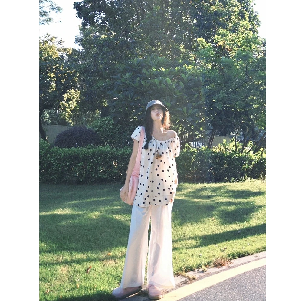 夏装搭配一整套韩系温柔波点短袖上衣阔腿裤两件套小个子显高套装