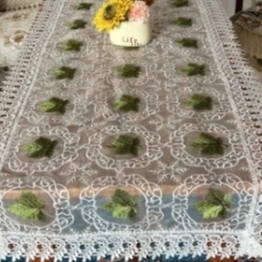 ZN012-163玻璃纱【75*155】白底绿叶高织高密玻璃纱水溶花边桌布