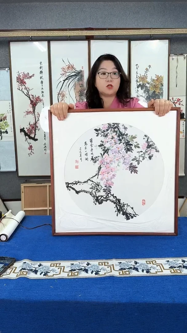 国画紫气东来 实木画框 63*63