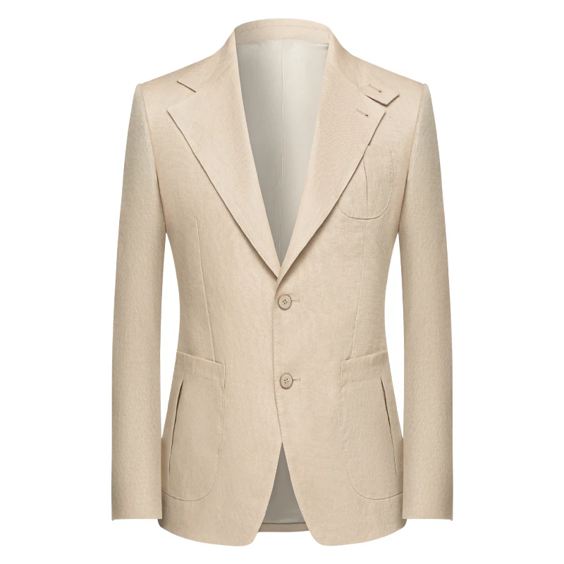 本派男士「英伦复古猎装100%亚麻西服」时尚薄款米白色修身西装外套