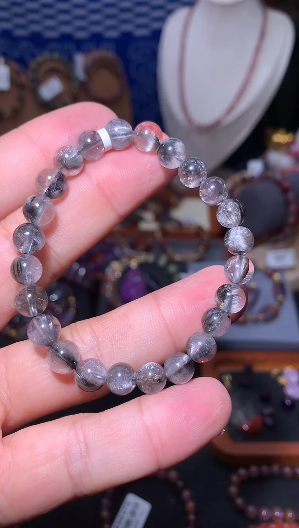 未镶嵌珠宝半成品水晶黑银钛圆珠手串，卡8