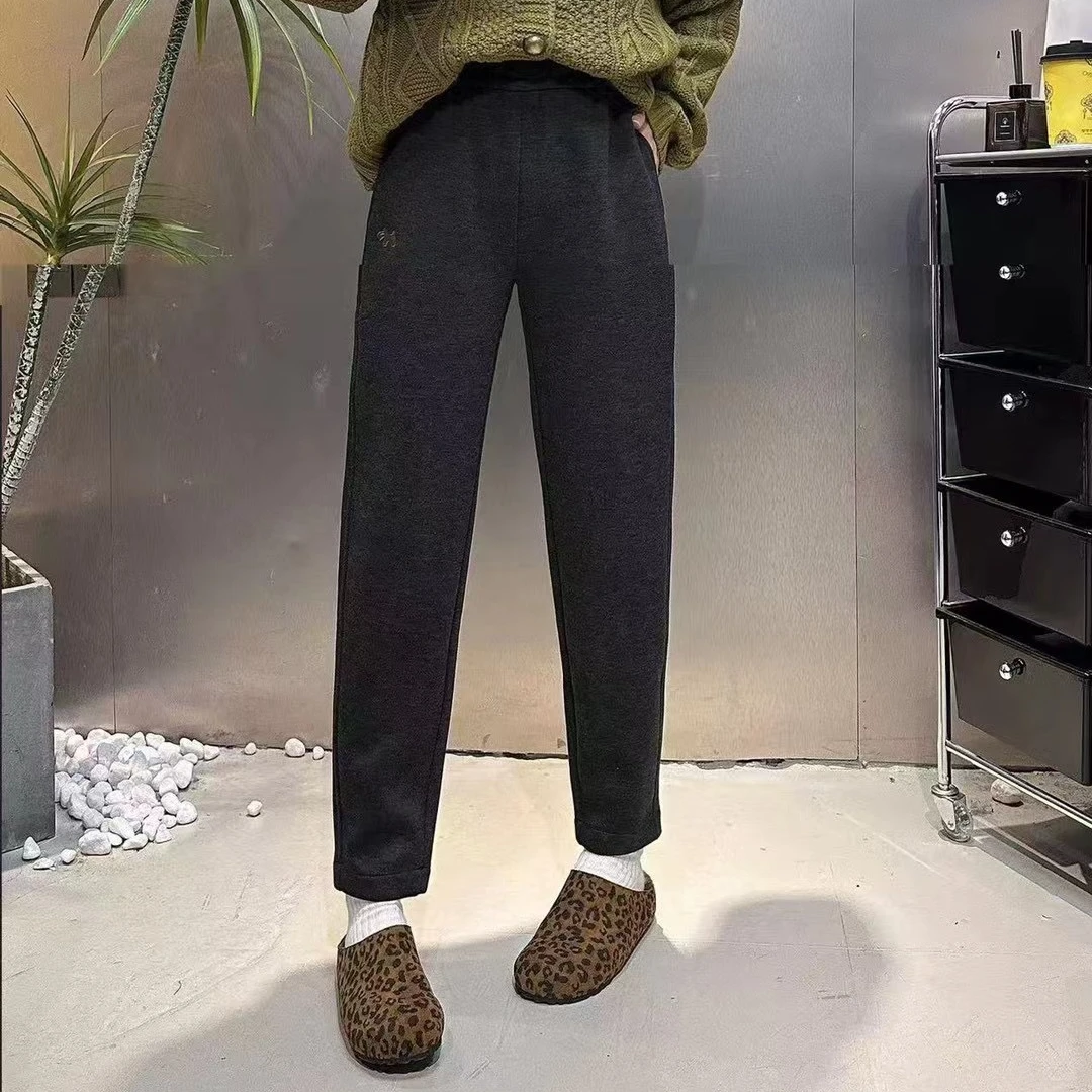 88880冬季加绒休闲裤松紧腰高腰老爹裤小脚裤长度98