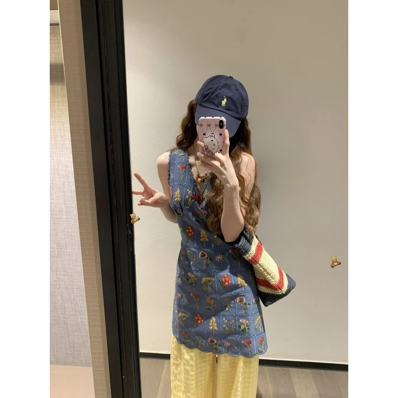 INS CEC法式v领无袖背心连衣裙女夏季新款气质收腰小个子短裙套装