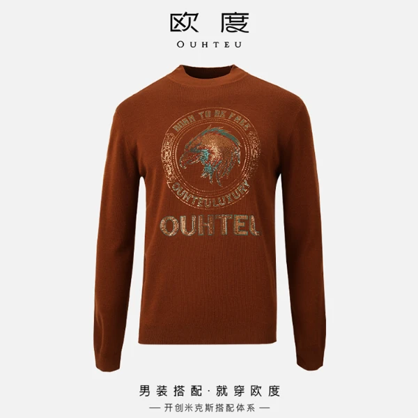 OUHTEU/欧度【飞鹰图案 精致贴片  】24秋冬撞色半高领羊毛衫7811