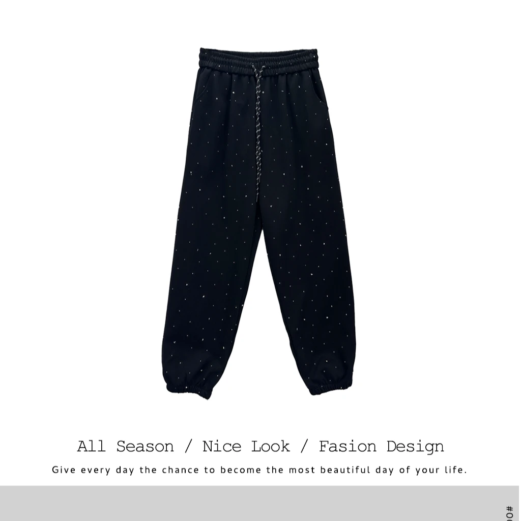 572  黑色重工烫钻休闲裤宽松显瘦高腰舒适束脚裤#58519