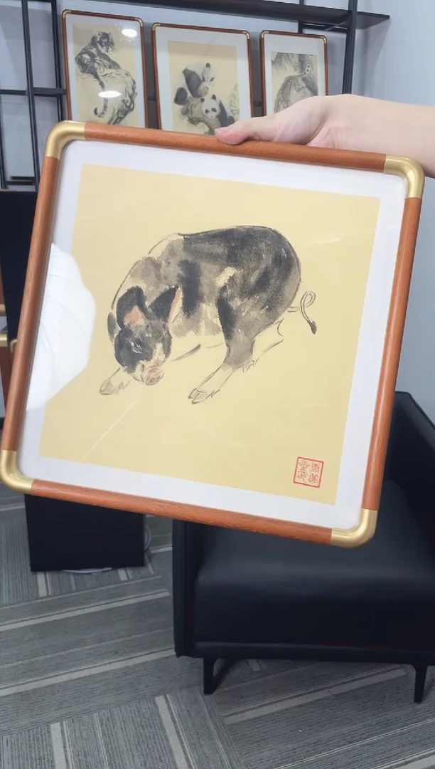 国画生肖猪 33*33宣纸卡纸实木画框作品 顺丰包邮