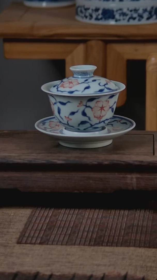 盖碗折葵非器手工手绘山茶花三才盖碗