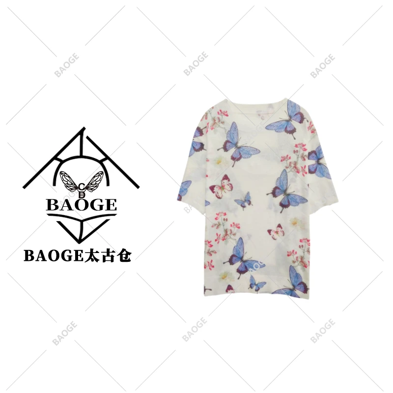 【BAOGE太古仓】桑蚕丝蝴蝶繁花烫钻圆领短袖针织衫msl503