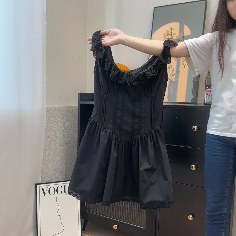 法式黑色蕾丝花边收腰吊带连衣裙女夏季新款设计感修身无袖短裙子