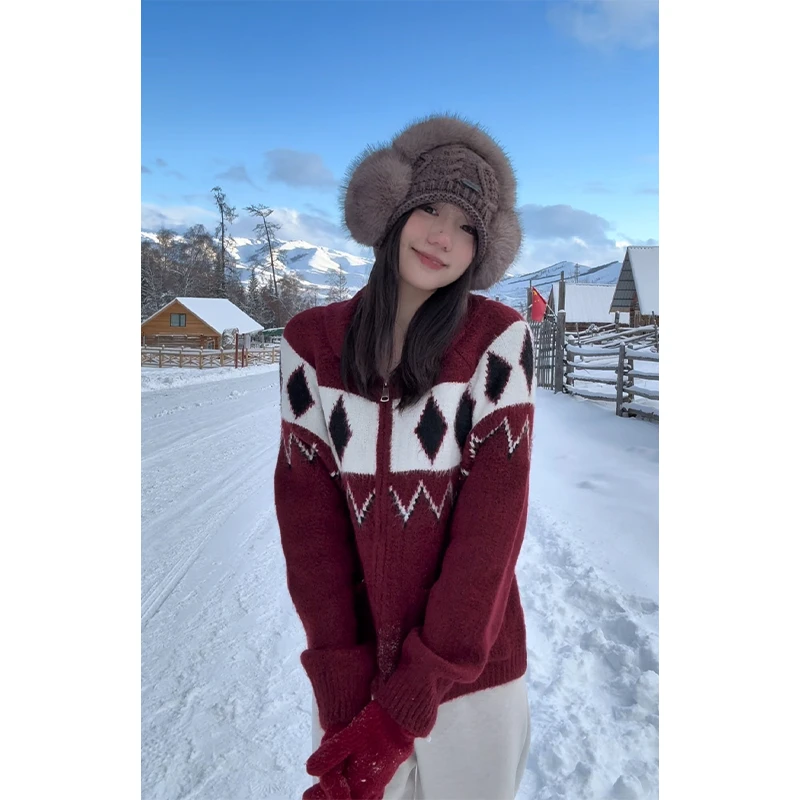 清仓【圣诞新年】高个子女装青果领提花拉链开衫加厚针织外套 Au218