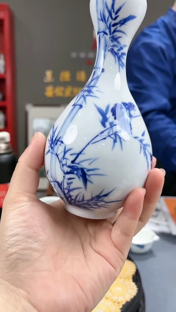 【闪购商品】官窑瓷画院777官窑瓷画院竹报平安蒜头瓶