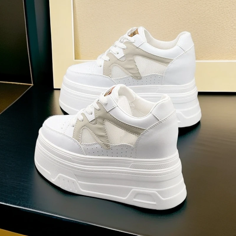 跟高10厘米夏季网面厚底内增高小个子高跟小白鞋时尚百搭休闲女鞋