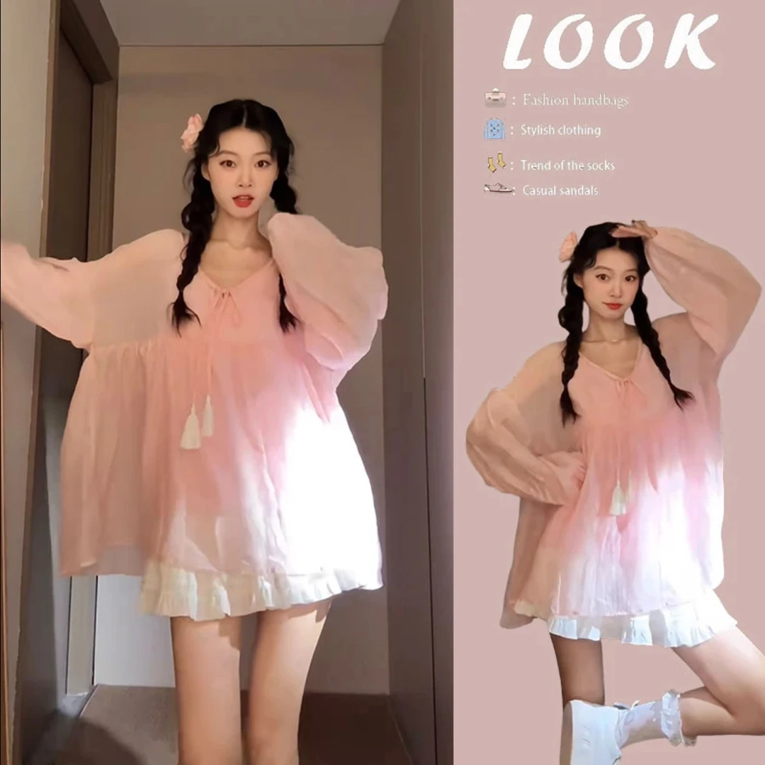 欧若风粉衬衫女春季2025新款系带泡泡袖娃娃衫上衣半身裙套装