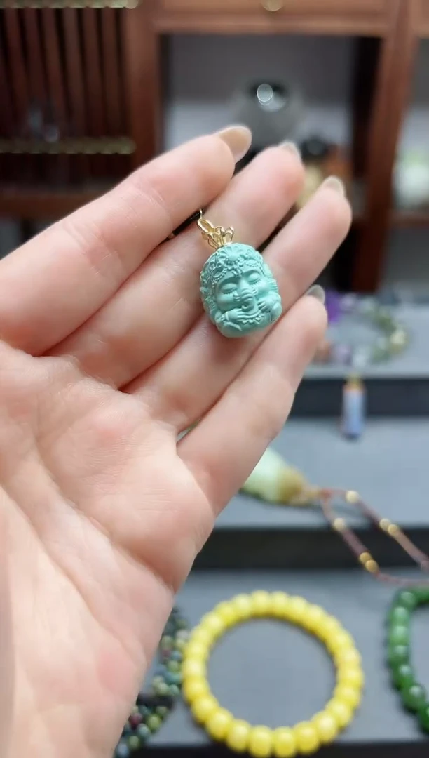 【闪购商品】绿松石吊坠18K金镶嵌18k金松石象神吊坠 XSQ赠链