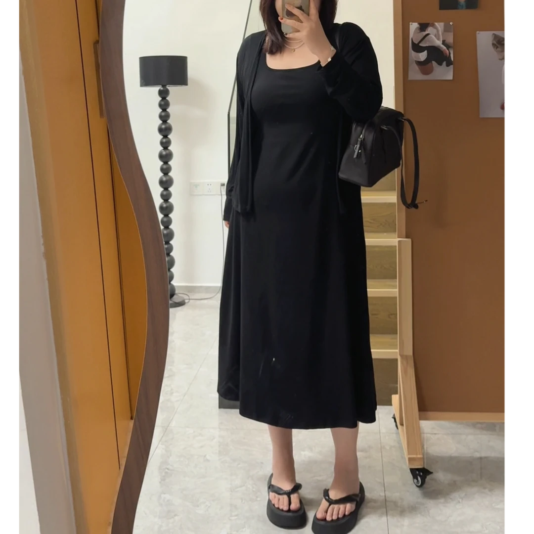 大码胖妹妹秋季新款显瘦简约气质收腰褶皱长款背心裙防晒开衫套装