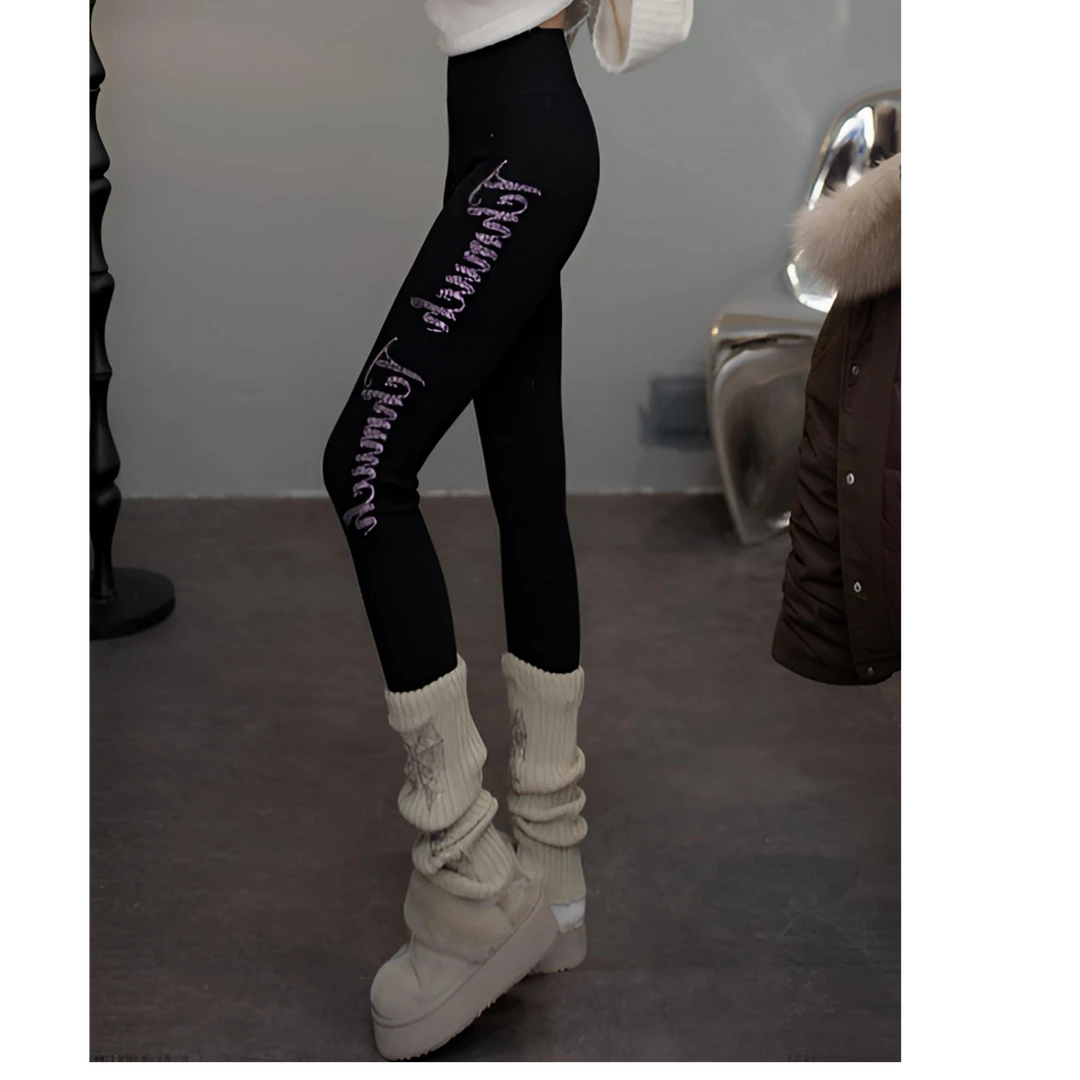 TCH私服冬款慵懒风烫钻时尚淑女黑色打底裤T75D23E5001轻奢tch