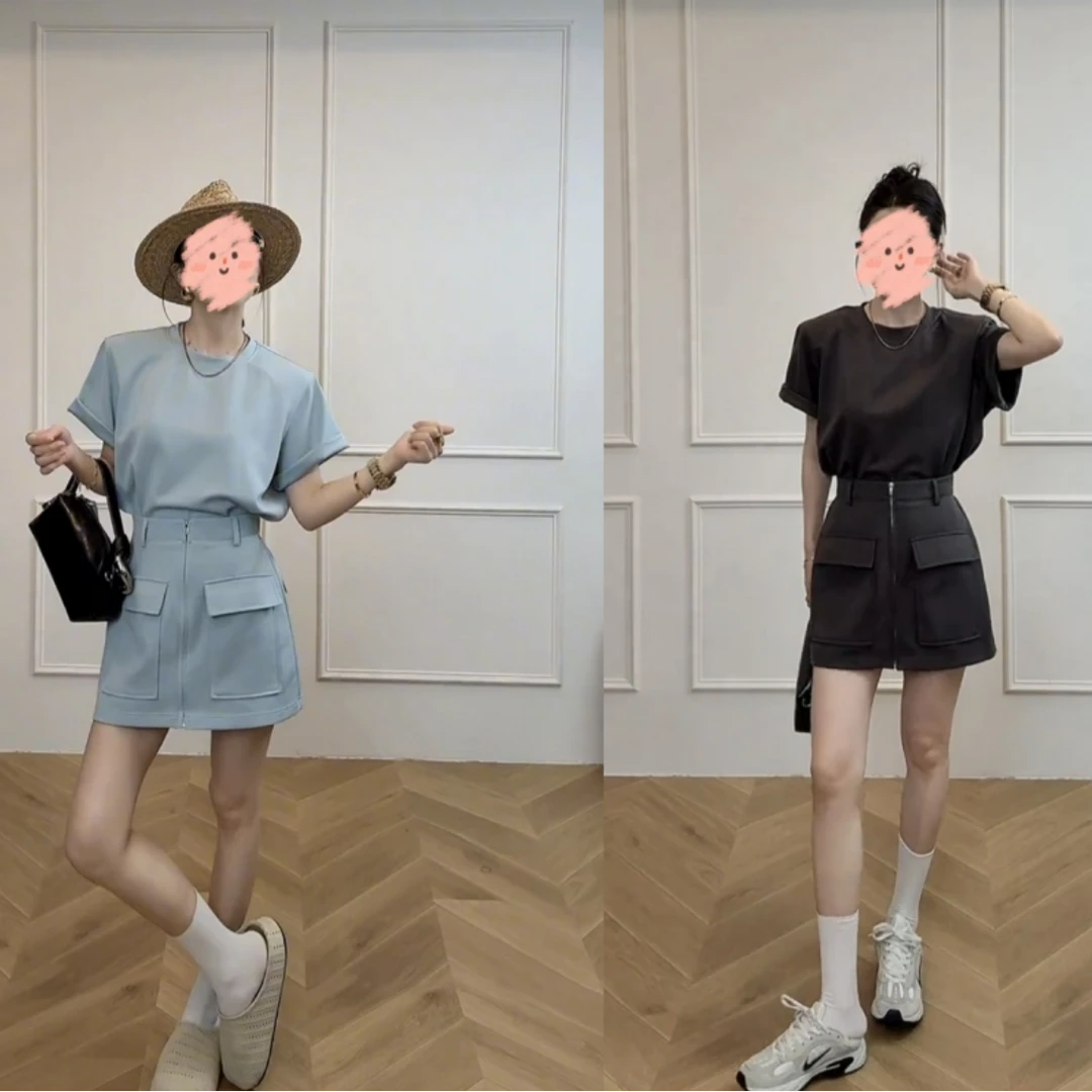 2025夏季韩版休闲减龄假两件橡筋收腰遮肉气质工装款T恤连衣裙