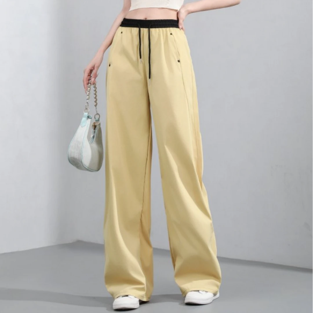 黄色阔腿弯刀裤女2025夏季新款松紧高腰休闲垂感香蕉裤直筒卫裤子