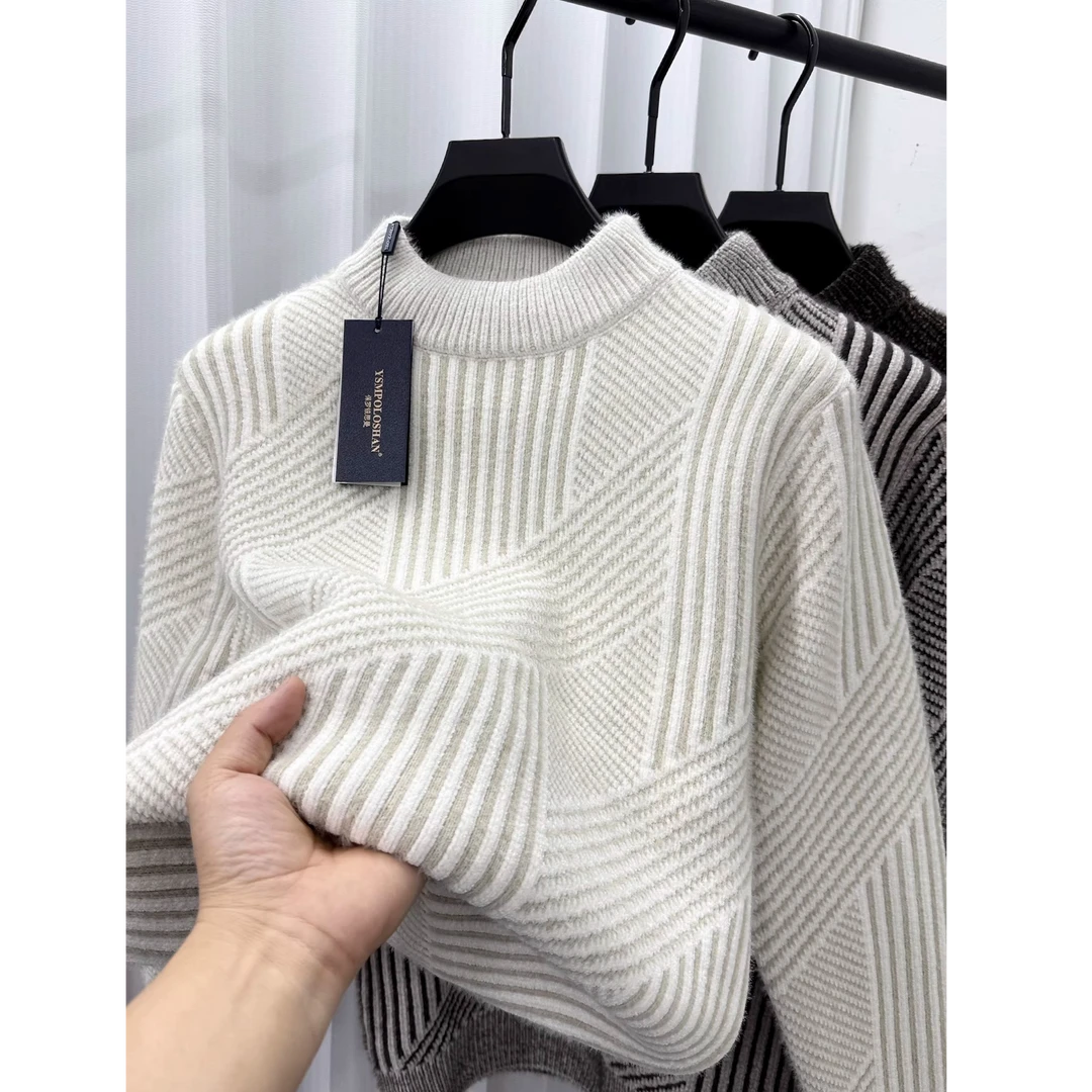 一体绒半高领雪尼尔毛衣男士加绒加厚保暖上衣冬装保暖针织打底衫