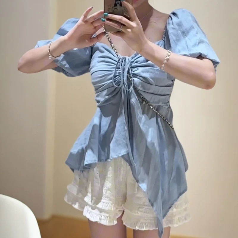 大码法式泡泡袖衬衫女夏季新款短袖收腰衬衣胖MM遮肉显瘦别致上衣