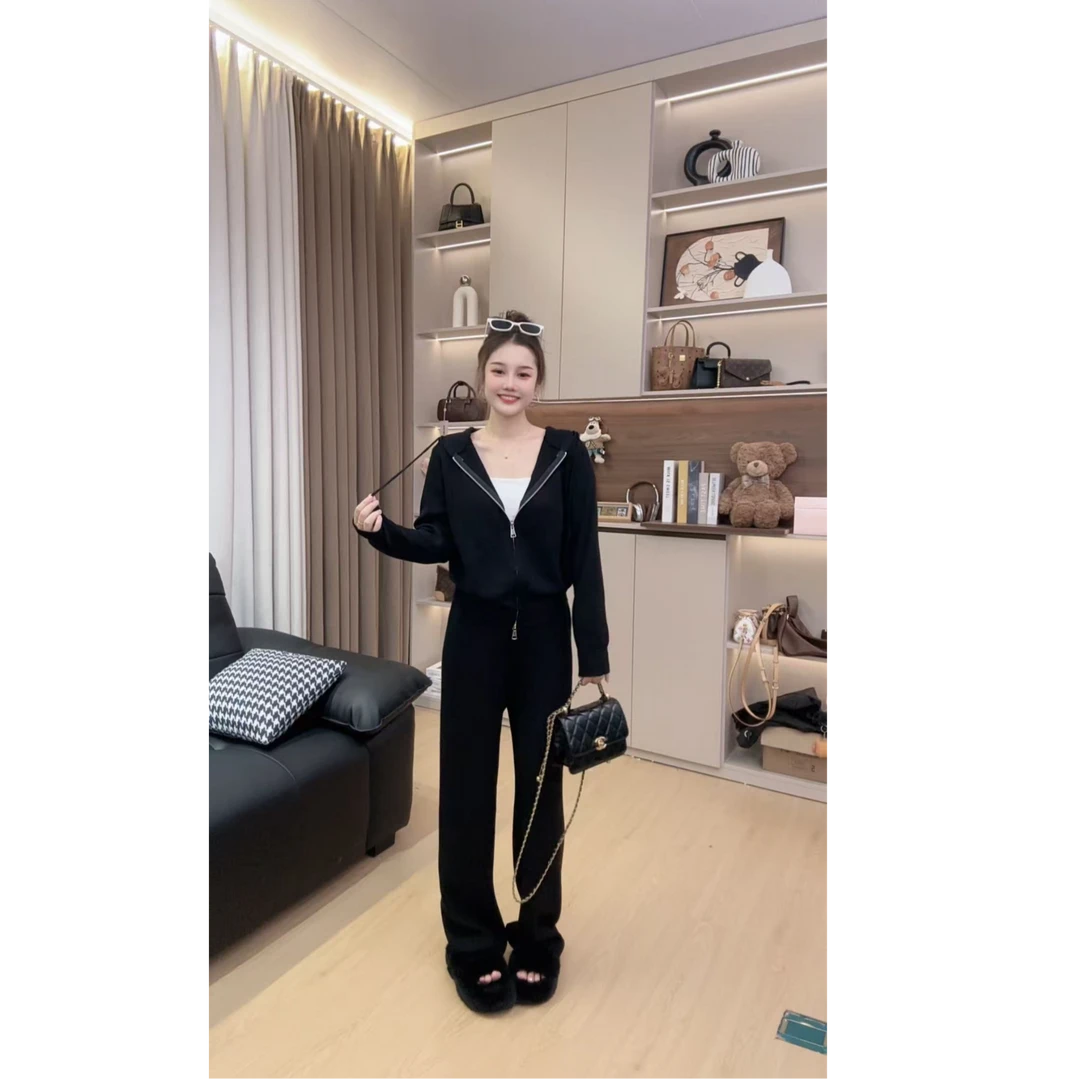 （运补6-8）梭织工艺秋季女连帽针织套装气质显瘦两件套休闲慵懒风