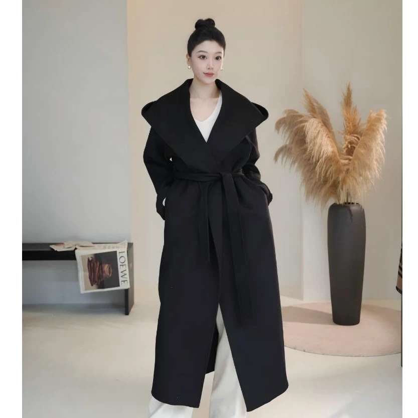 【巴黎旧梦】纯色长款女装拼接秋冬加厚毛呢外套立领大衣气质XA0005