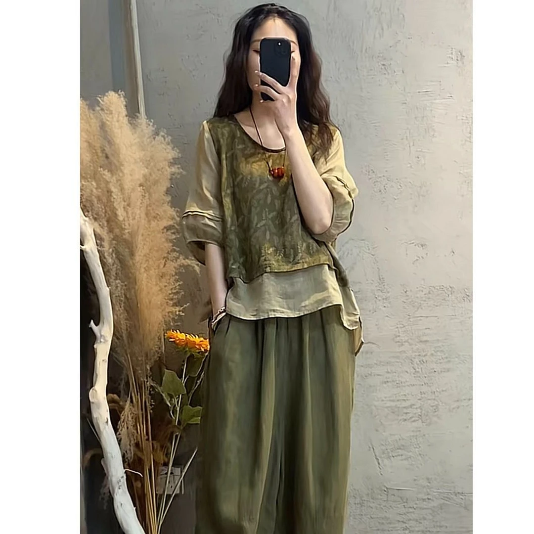 2025时尚套装女夏季新款印花拼接假两件上衣哈伦裤显瘦两件套休闲