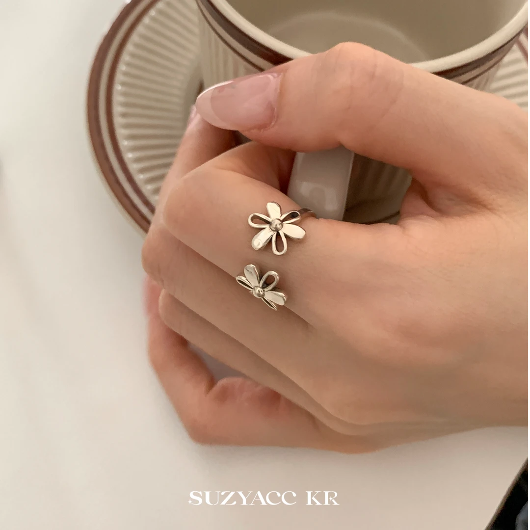 Suzyacc Kr 925银戒指 【双生花】花朵戒指气质可爱小众简约DJ0113