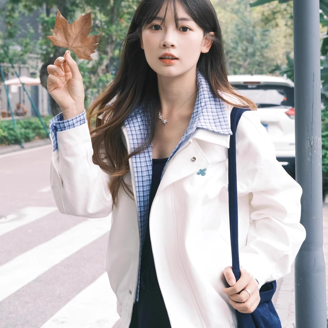 2025春季新款蓝白格子撞色翻领假两件上衣宽松休闲潮流百搭外套女