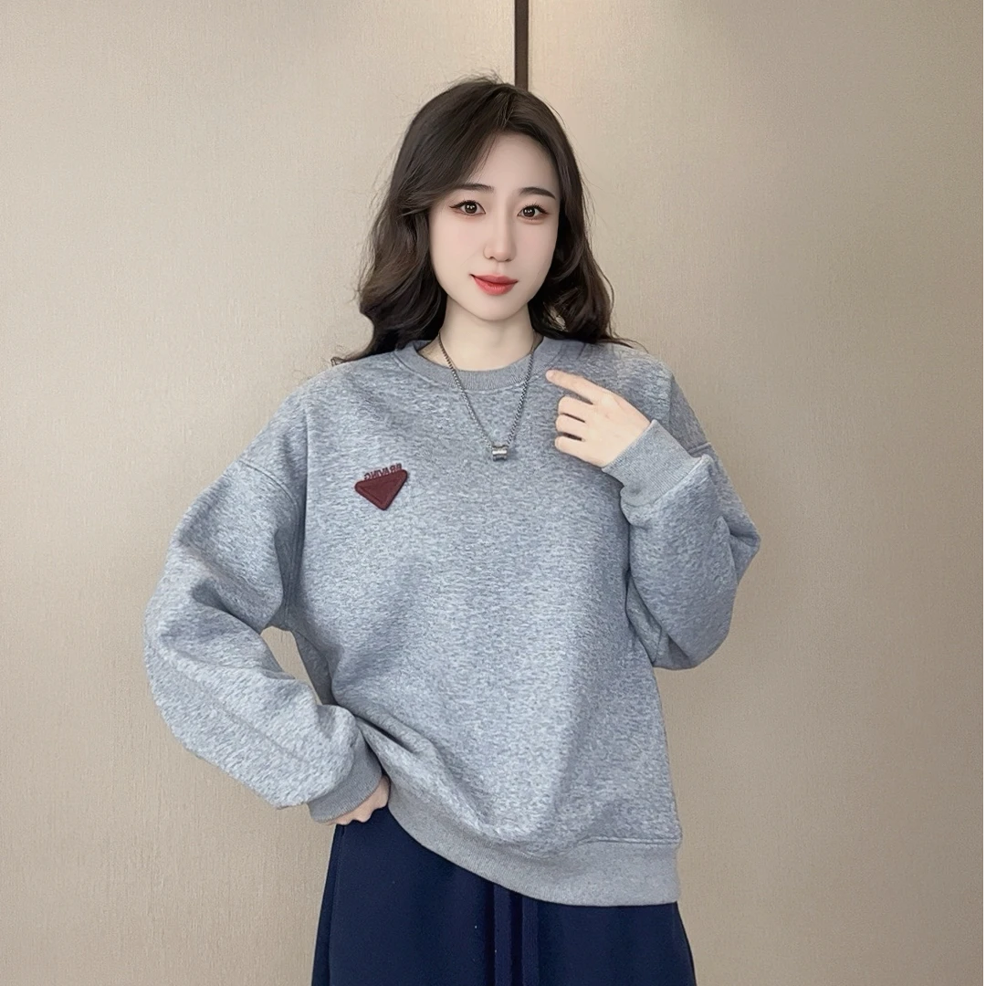 净版订标加绒卫衣长袖休闲百搭宽松圆领韩版秋冬加厚慵懒风