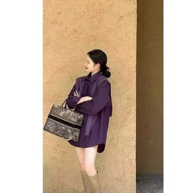 韩版高级感气质紫色长袖衬衫女秋季新款宽松慵懒衬衣加披肩