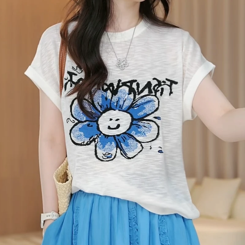 【笑脸太阳花】夏季百搭时尚图案短袖圆领宽松卡通T恤上衣LK2504701
