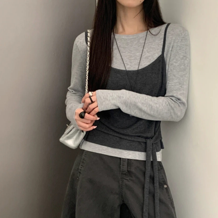 设计感拼接撞色假两件绑带针织衫女2025秋季韩版百搭上衣小衫