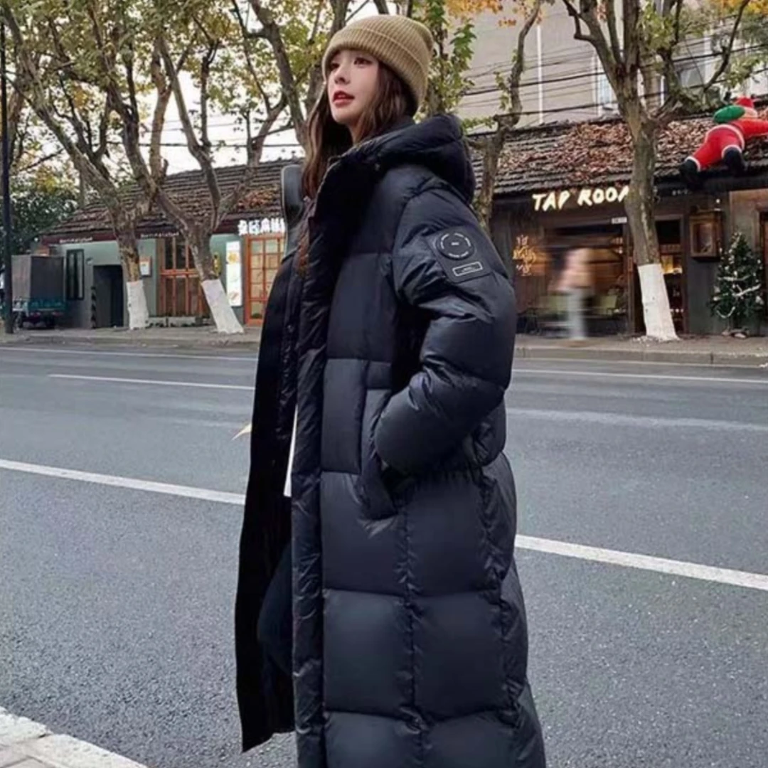 超长白鹅绒羽绒服宽松反季长款过膝连帽黑色百搭加厚外套黑金