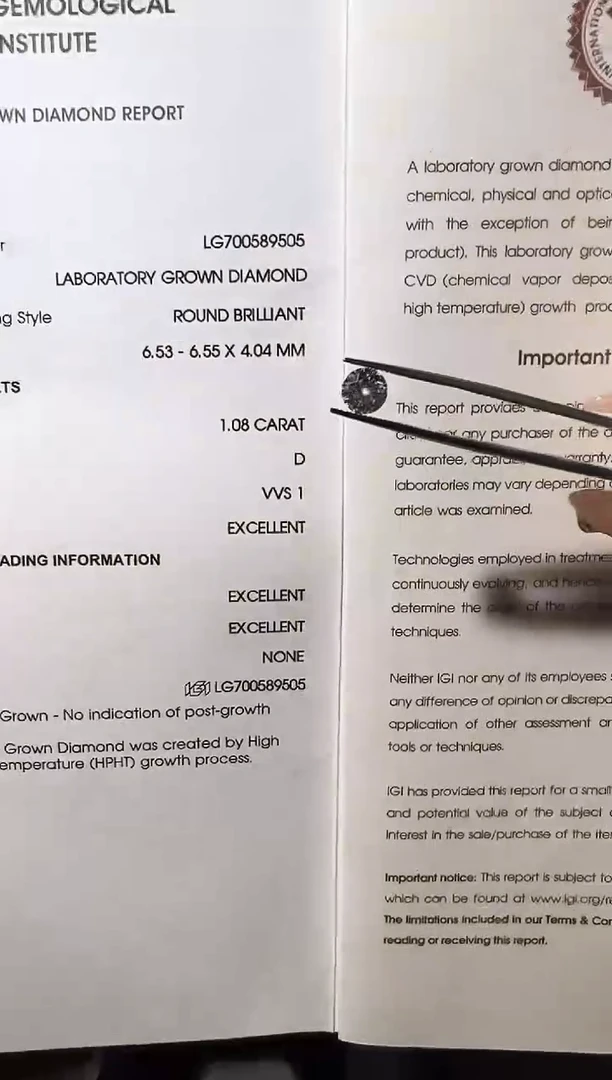 裸石合成钻石LG9505 1.08ct