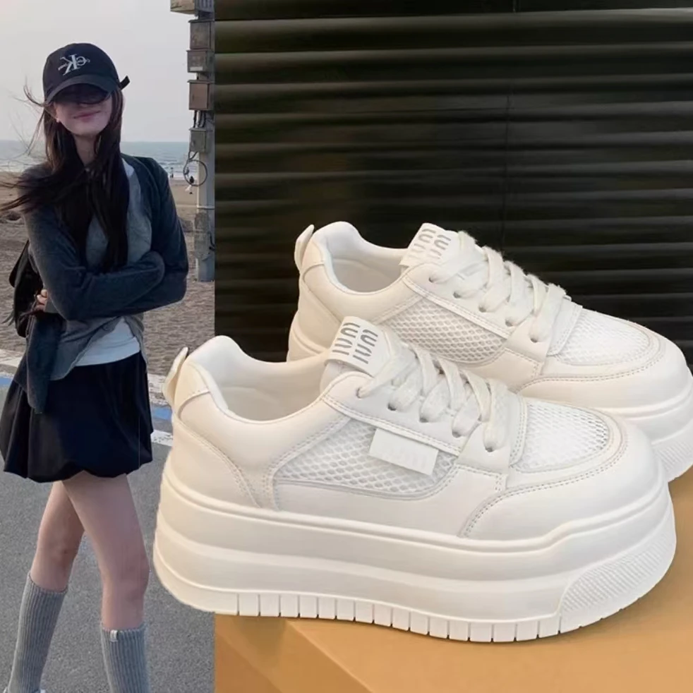 百搭小个子增高厚底小白鞋女春夏季2025新款网面透气运动休闲鞋女