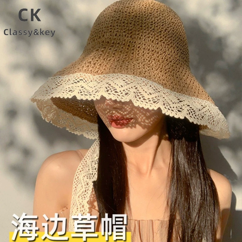 Classykey新加坡设计师联名款飘带太阳帽女夏季出游帽蕾丝边帽子