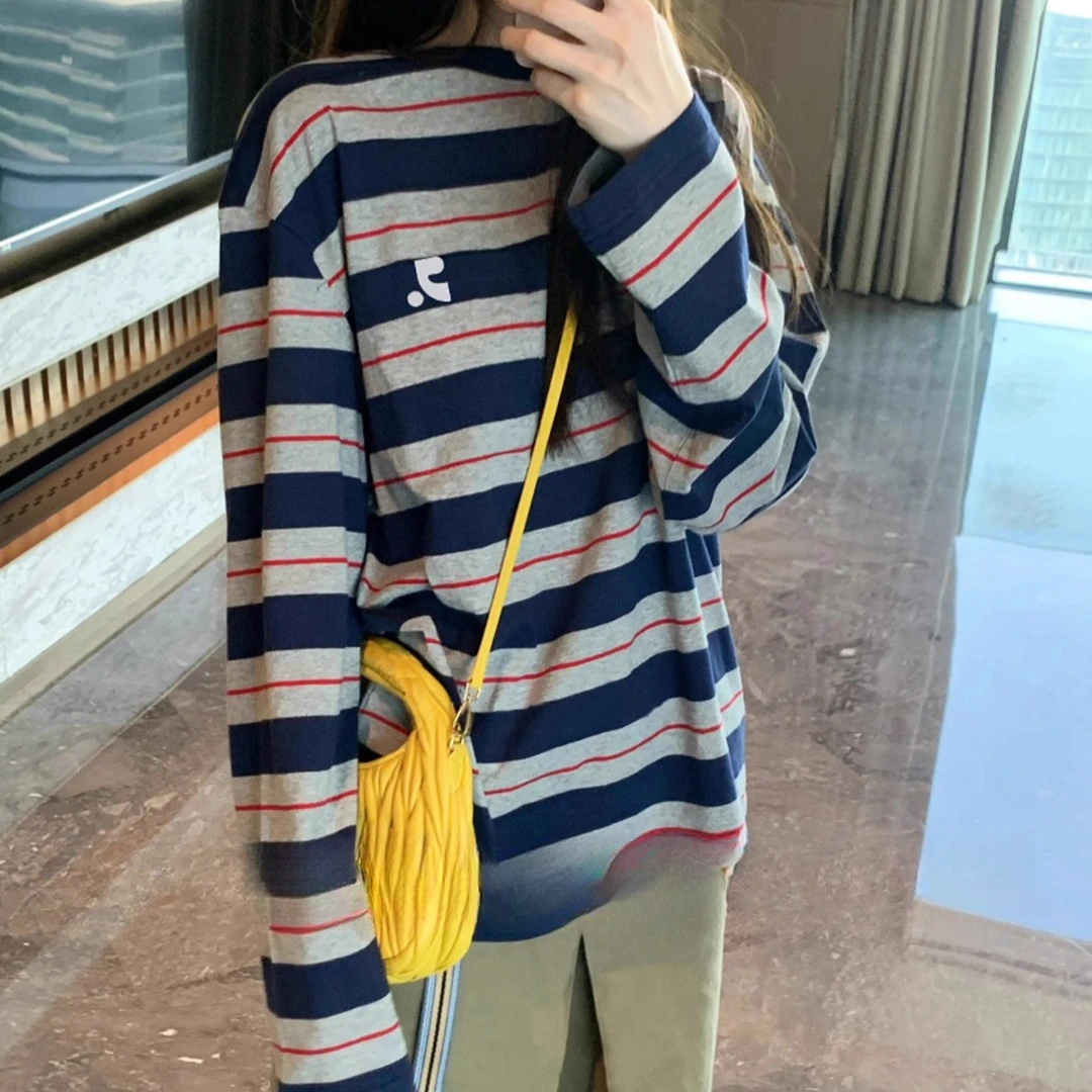 高端货~长袖T恤女复古撞色条纹情侣上衣落肩圆领打底衫