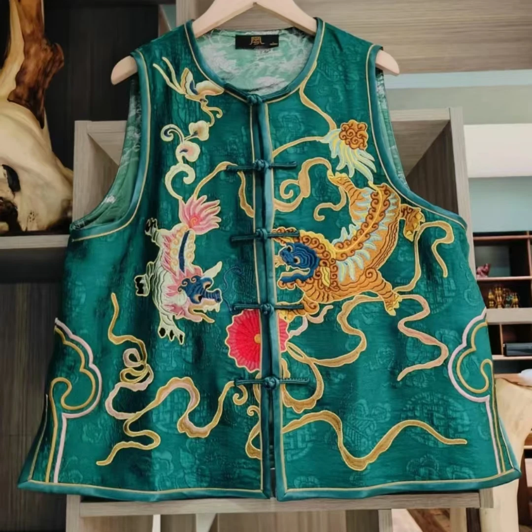 凤徕兮私人定制绿底前后双狮子刺绣对襟盘扣短马甲  HM101024-2
